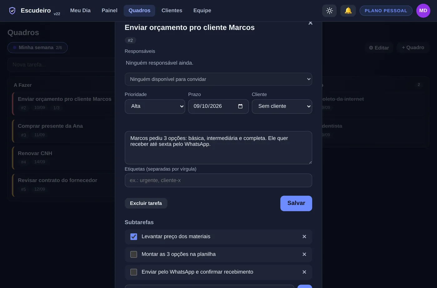 Detalhe de uma tarefa no Escudeiro com subtarefas, prazo e descrição